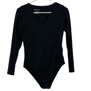 Everlane Bodysuit Womens Size Medium Black V Neck Long Sleeve Body Suit Supima